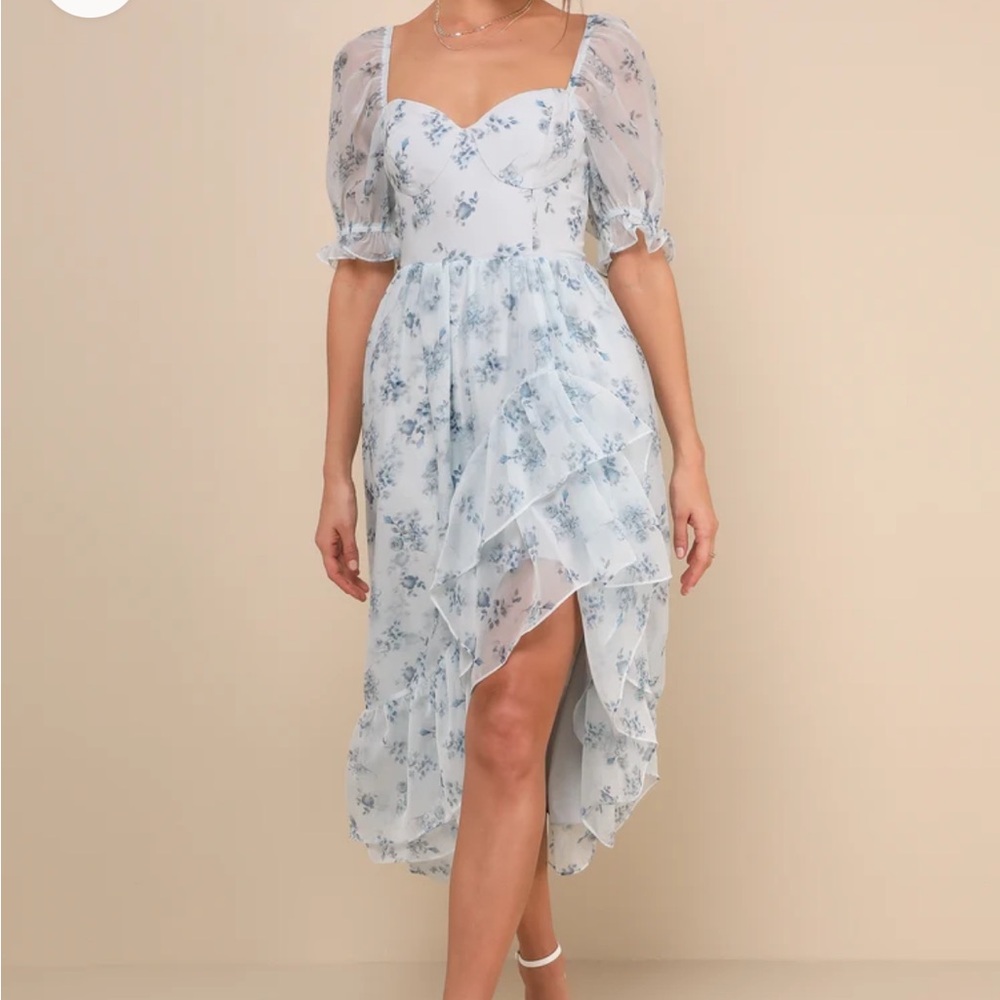 Luxe Brilliance Light Blue Floral Organza Floral Midi Dress